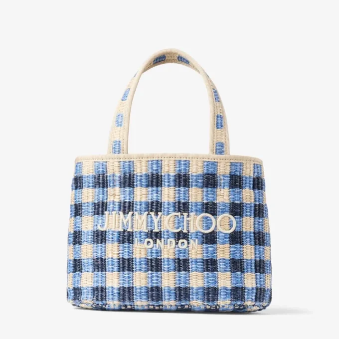 Borsa da spiaggia East-West Mini in rafia mista blu marino e ecrù a quadretti Borsa da spiaggia East-West Mini in rafia mista blu marino e ecrù a quadretti