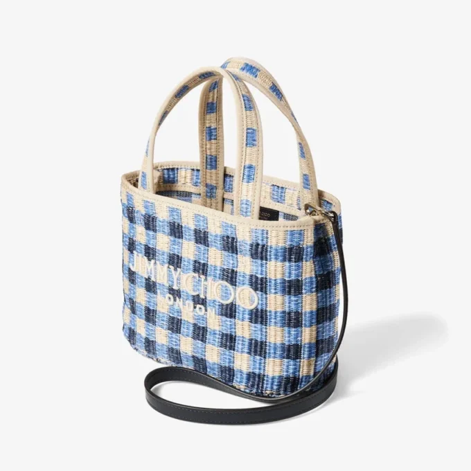Borsa da spiaggia East-West Mini in rafia mista blu marino e ecrù a quadretti Borsa da spiaggia East-West Mini in rafia mista blu marino e ecrù a quadretti