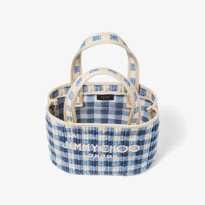 Borsa da spiaggia East-West Mini in rafia mista blu marino e ecrù a quadretti Borsa da spiaggia East-West Mini in rafia mista blu marino e ecrù a quadretti