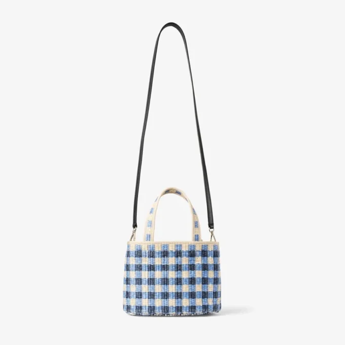 Borsa da spiaggia East-West Mini in rafia mista blu marino e ecrù a quadretti Borsa da spiaggia East-West Mini in rafia mista blu marino e ecrù a quadretti