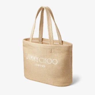 Borsa da spiaggia Tote East-West in rafia naturale con ricamo