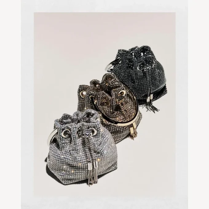 Borsa Micro Bon Bon in rete di cristallo argento con manico in metallo Borsa Micro Bon Bon in rete di cristallo argento con manico in metallo