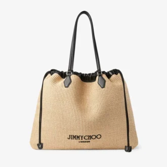 Borsa tote con coulisse Borsa tote grande in rafia morbida naturale con finiture in pelle di vitello liscia