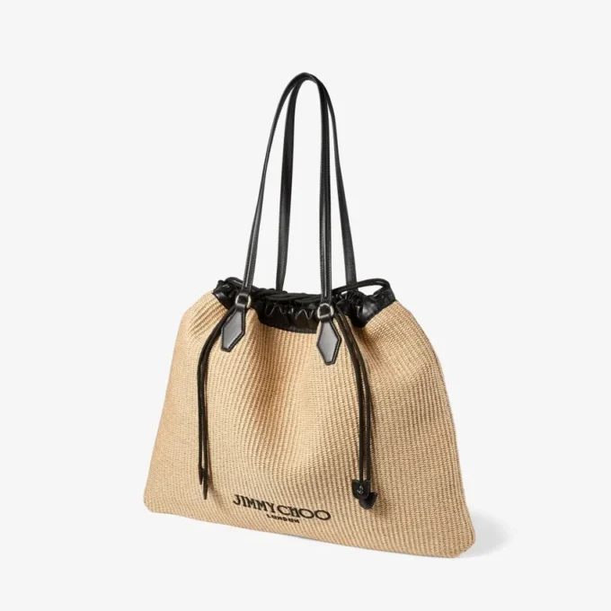 Borsa tote con coulisse Borsa tote grande in rafia morbida naturale con finiture in pelle di vitello liscia