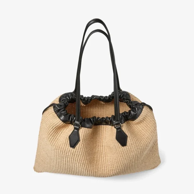 Borsa tote con coulisse Borsa tote grande in rafia morbida naturale con finiture in pelle di vitello liscia