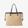 Borsa tote con coulisse Borsa tote grande in rafia morbida naturale con finiture in pelle di vitello liscia