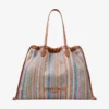 Borsa tote con coulisse Borsa tote grande in rafia multicolore e beige a zig-zag con coulisse e finiture in pelle