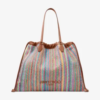 Borsa tote con coulisse Borsa tote grande in rafia multicolore e beige a zig-zag con coulisse e finiture in pelle