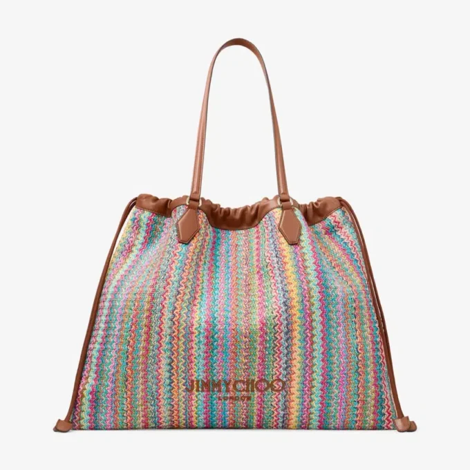 Borsa tote con coulisse Borsa tote grande in rafia multicolore e beige a zig-zag con coulisse e finiture in pelle