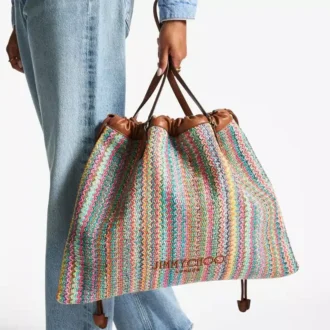 Borsa tote con coulisse Borsa tote grande in rafia multicolore e beige a zig-zag con coulisse e finiture in pelle