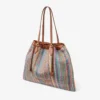 Borsa tote con coulisse Borsa tote grande in rafia multicolore e beige a zig-zag con coulisse e finiture in pelle