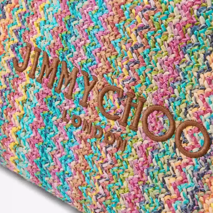 Borsa tote con coulisse Borsa tote grande in rafia multicolore e beige a zig-zag con coulisse e finiture in pelle