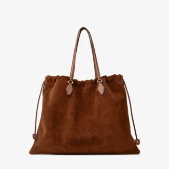 Borsa tote con coulisse grande in pelle scamosciata marrone chiaro e pelle di vitello liscia con logo jimmy choo