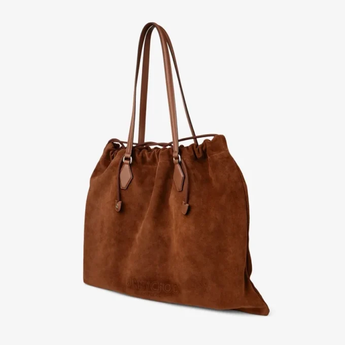 Borsa tote con coulisse grande in pelle scamosciata marrone chiaro e pelle di vitello liscia con logo jimmy choo
