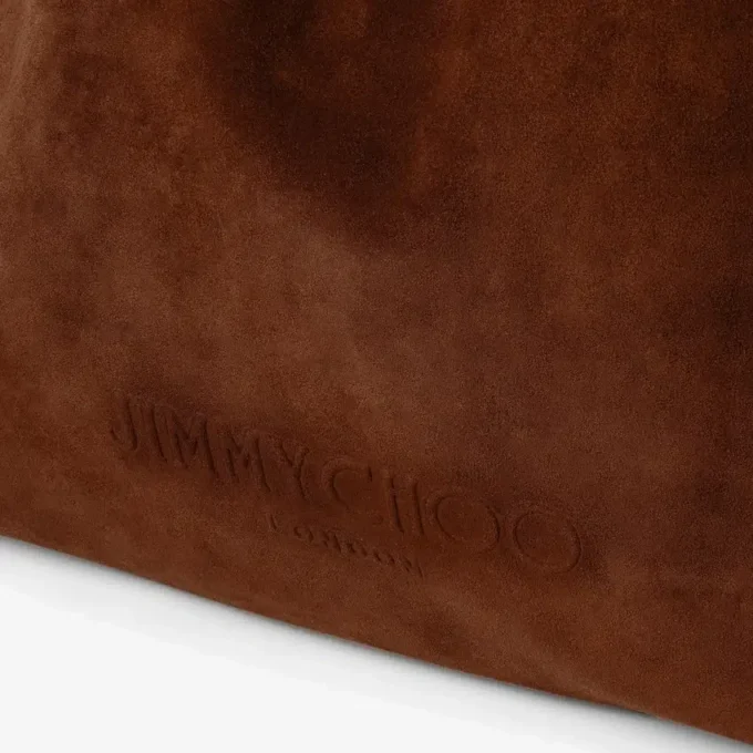Borsa tote con coulisse grande in pelle scamosciata marrone chiaro e pelle di vitello liscia con logo jimmy choo