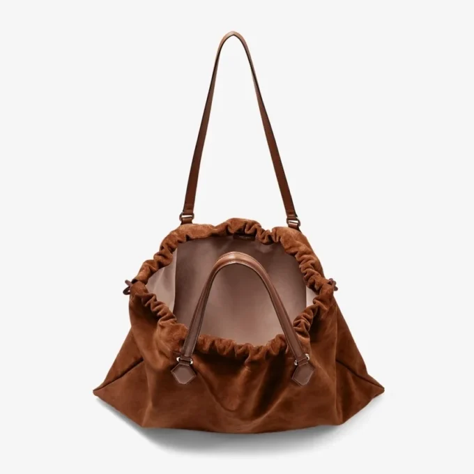 Borsa tote con coulisse grande in pelle scamosciata marrone chiaro e pelle di vitello liscia con logo jimmy choo