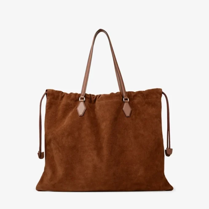 Borsa tote con coulisse grande in pelle scamosciata marrone chiaro e pelle di vitello liscia con logo jimmy choo