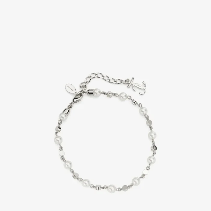 Cavigliera con perla e cristalli Cavigliera in metallo con finitura argento con ciondoli a forma di perla, cristallo e monogramma Jc Cavigliera con perla e cristalli Cavigliera in metallo con finitura argento con ciondoli a forma di perla, cristallo e monogramma Jc