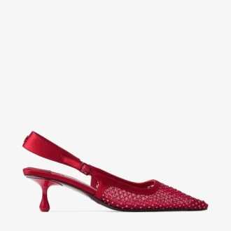 Décolleté Amel 50 in rete di cristallo rosso rubino e raso