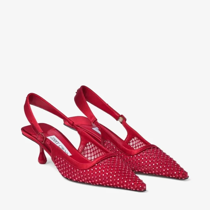 Décolleté Amel 50 in rete di cristallo rosso rubino e raso
