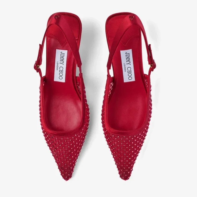 Décolleté Amel 50 in rete di cristallo rosso rubino e raso