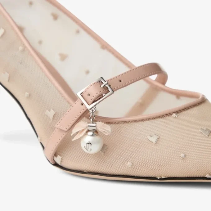 Décolleté Aren 65 in pelle Macaron e rete con stampa a cuori con ciondolo a perla