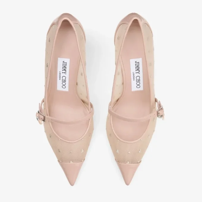 Décolleté Aren 65 in pelle Macaron e rete con stampa a cuori con ciondolo a perla