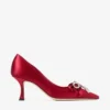 Décolleté Auria 70 in raso rosso rubino con fiocco in raso e cristalli