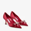 Décolleté Auria 70 in raso rosso rubino con fiocco in raso e cristalli