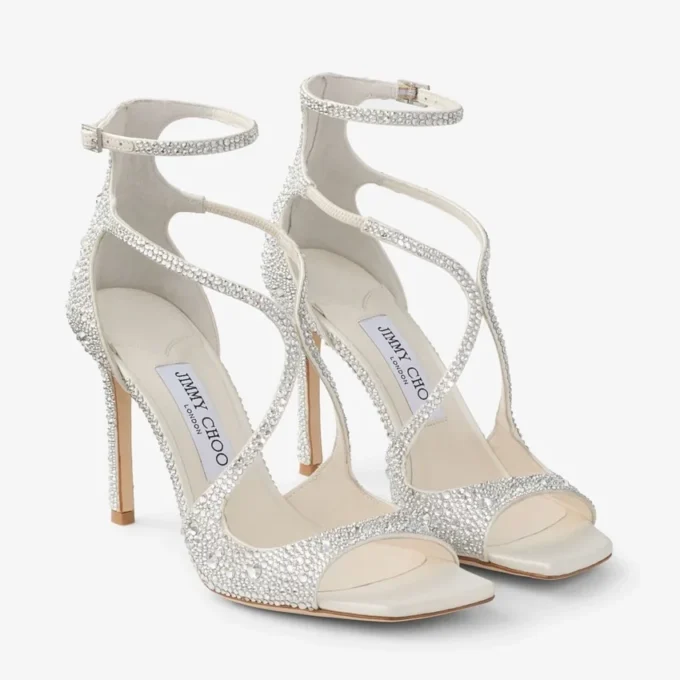 Décolleté Azia 95 in raso avorio con decorazioni in cristallo