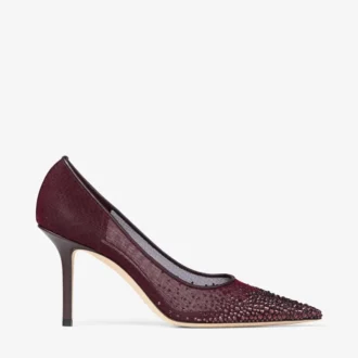 Décolleté Love 85 in rete color merlot intenso con cristalli Galaxy