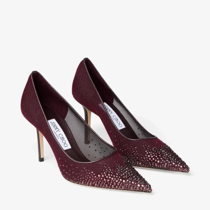 Décolleté Love 85 in rete color merlot intenso con cristalli Galaxy