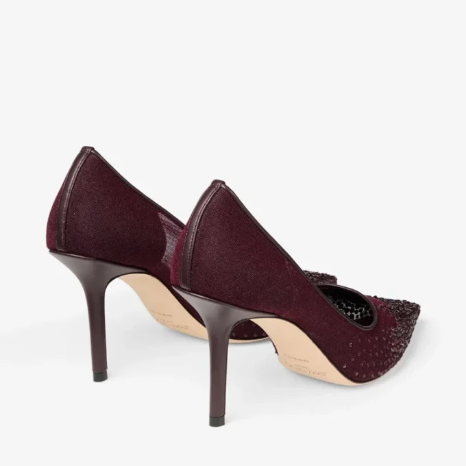 Décolleté Love 85 in rete color merlot intenso con cristalli Galaxy