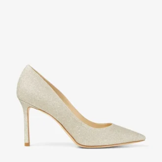 Décolleté Romy 85 con punta affusolata in glitter platino ghiaccio