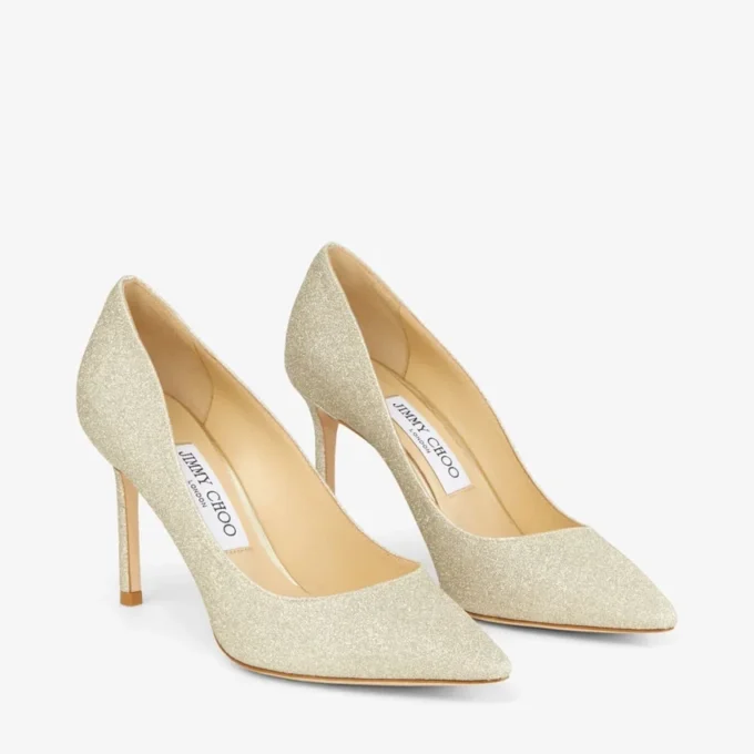 Décolleté Romy 85 con punta affusolata in glitter platino ghiaccio