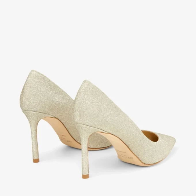 Décolleté Romy 85 con punta affusolata in glitter platino ghiaccio