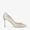 Décolleté Romy 85 con punta affusolata in tessuto glitterato grossolano color champagne
