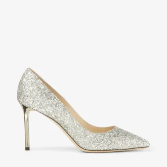 Décolleté Romy 85 con punta affusolata in tessuto glitterato grossolano color champagne
