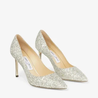Décolleté Romy 85 con punta affusolata in tessuto glitterato grossolano color champagne