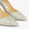 Décolleté Romy 85 con punta affusolata in tessuto glitterato grossolano color champagne