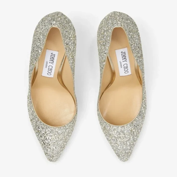 Décolleté Romy 85 con punta affusolata in tessuto glitterato grossolano color champagne