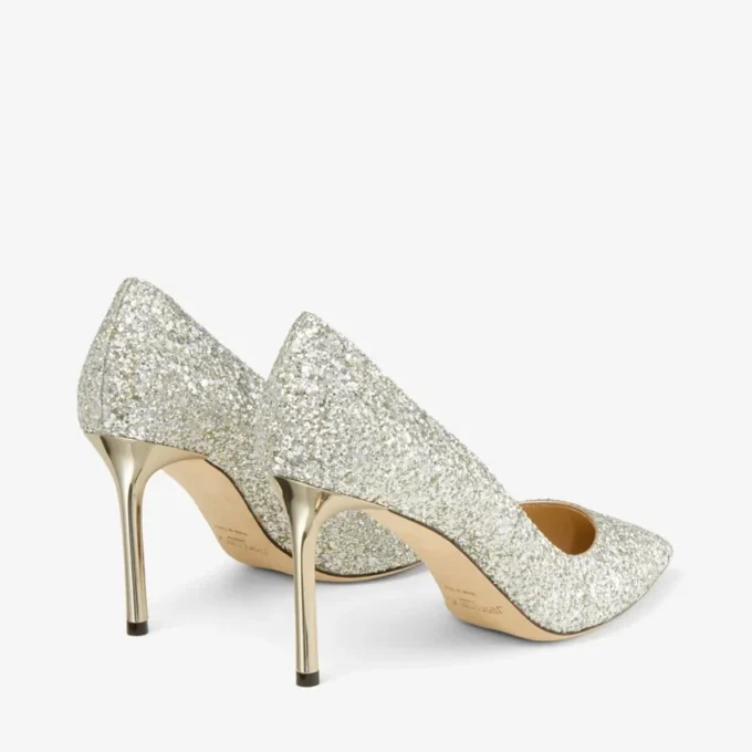 Décolleté Romy 85 con punta affusolata in tessuto glitterato grossolano color champagne