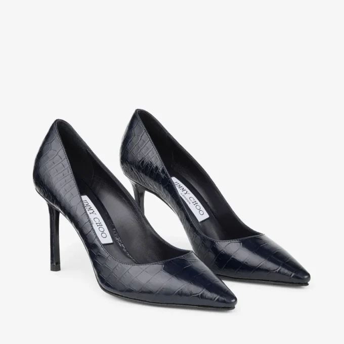 Décolleté Romy 85 in pelle goffrata effetto coccodrillo blu navy