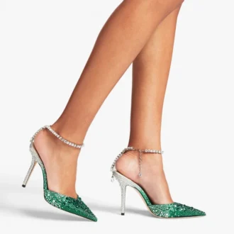 Décolleté Saeda 100 in raso smeraldo con cristalli