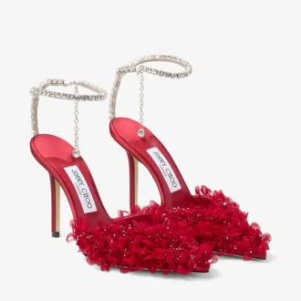 Décolleté Saeda 100 in rete rosso rubino con ricamo a petali