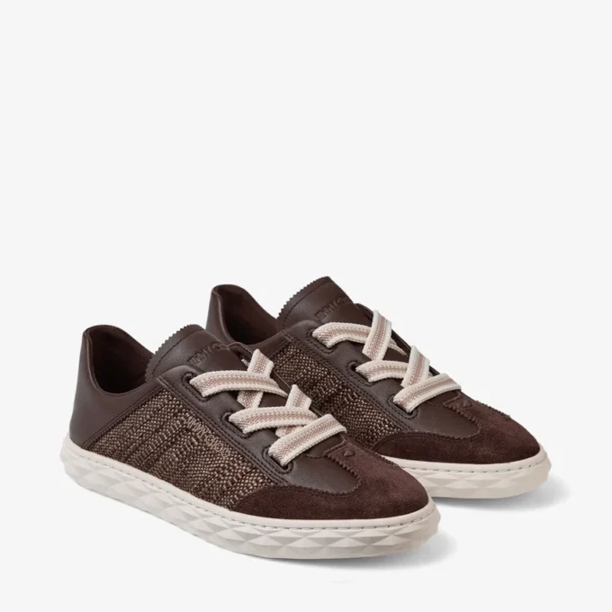 Diamond Light Flex F Sneakers in mix di pelle color cioccolato e latte e raffia pregiata