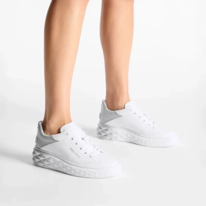 Diamond Maxi F II Sneakers in pelle nappa glitterata bianca e argento