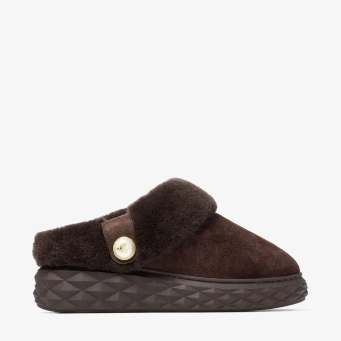 Diamond Maxi Mule F Mules in pelle scamosciata color cioccolato con shearling