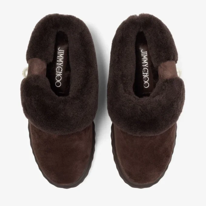 Diamond Maxi Mule F Mules in pelle scamosciata color cioccolato con shearling