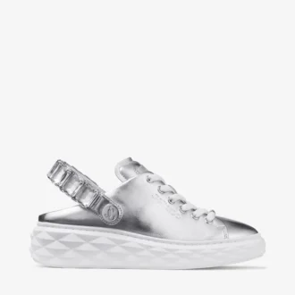 Diamond Sling Sneakers in pelle metallizzata argento con cinturino in cristallo